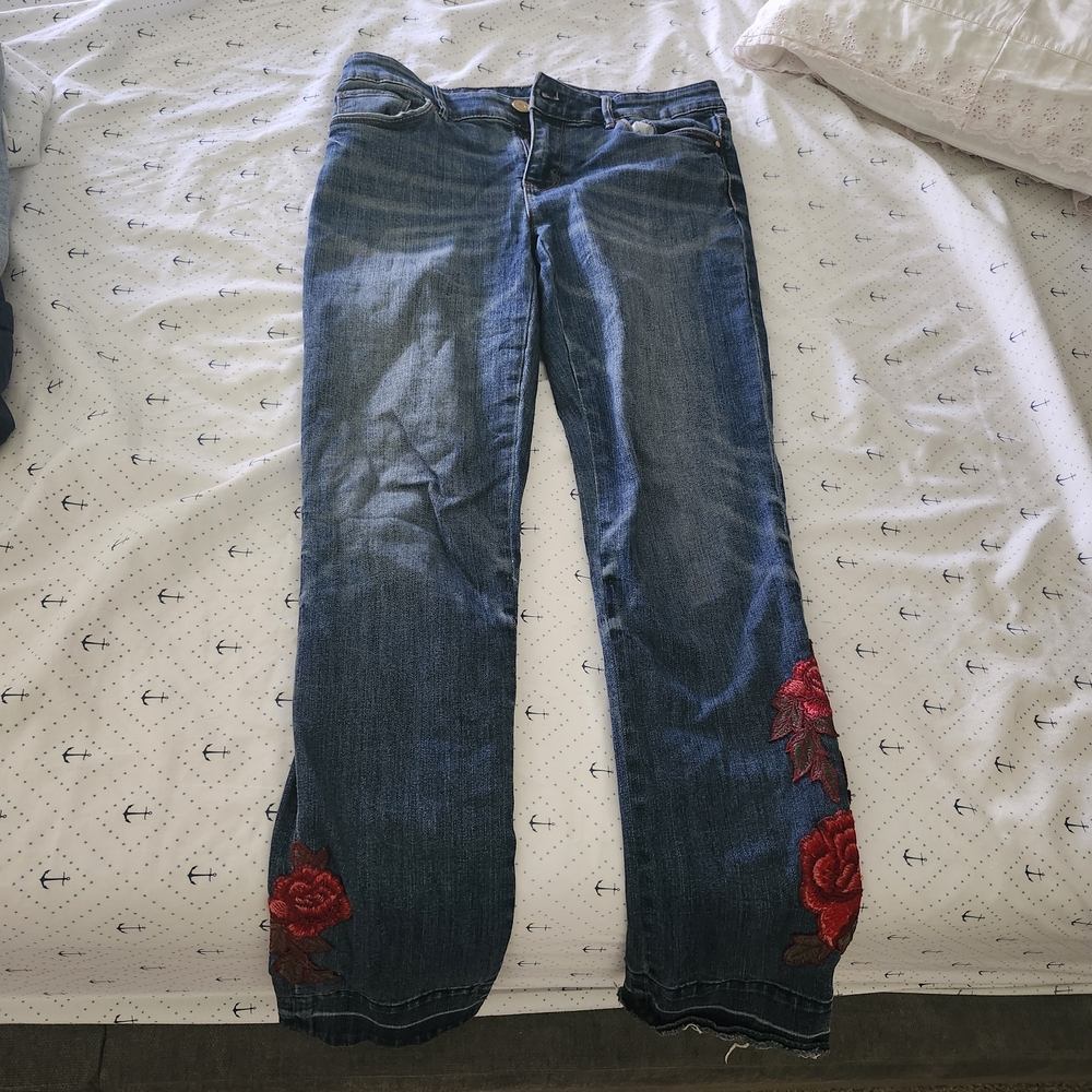 Straight Leg Jeans with Red Rose Floral Embroidery Patches WHBM